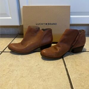 Lucky Brand leather booties. Size 8, cognac type color. New in box, never worn.
